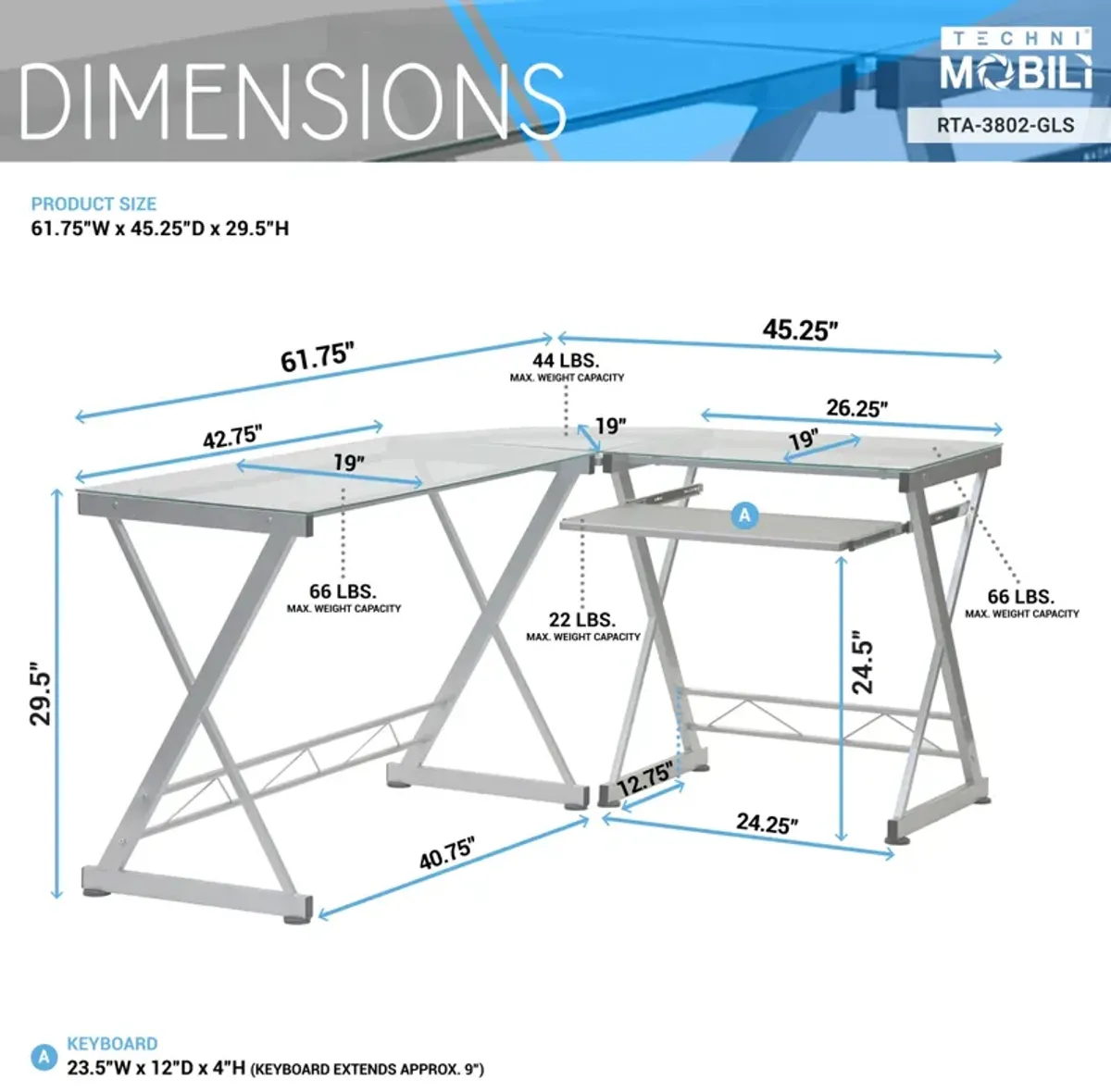 L-Shaped Tempered Glass Top Computer Desk with Pull Out Keyboard Panel, Clear