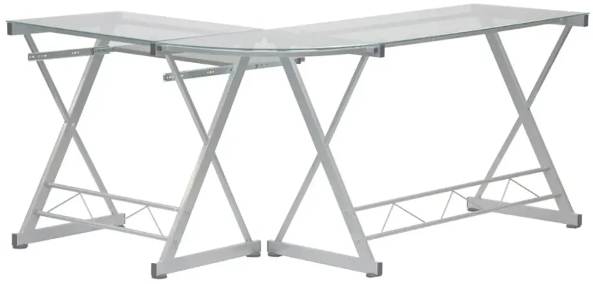 L-Shaped Tempered Glass Top Computer Desk with Pull Out Keyboard Panel, Clear