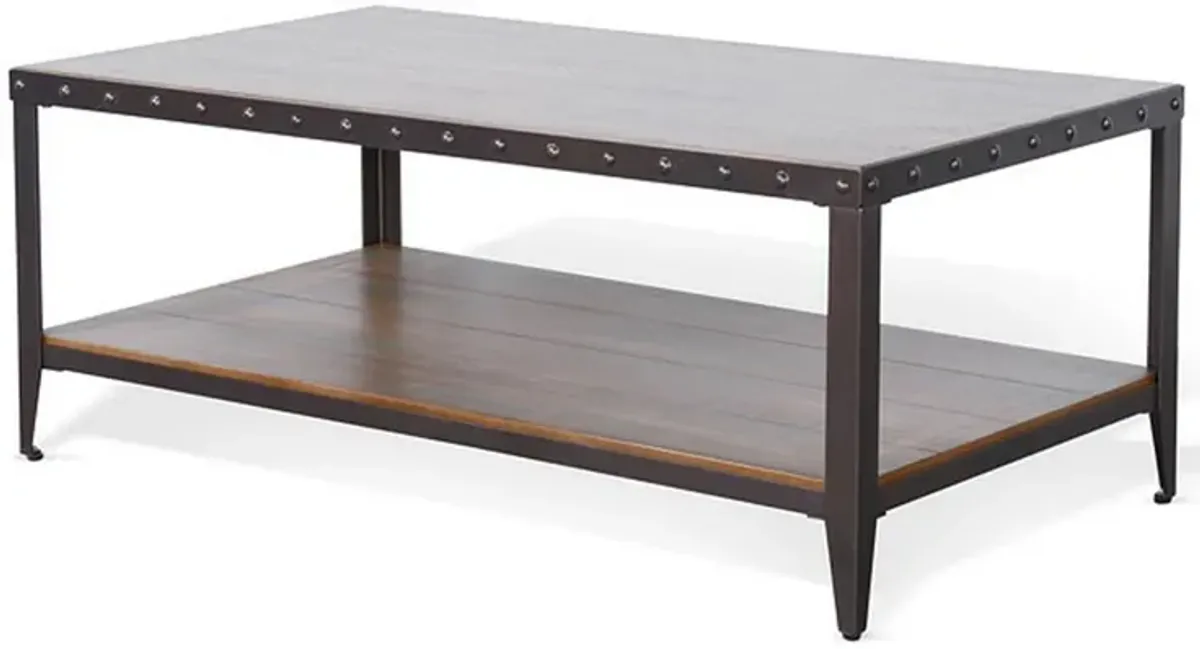 Ayka Coffee Table w Shelf, Nailhead Accent, 48 Inch Rectangular Brown - Benzara