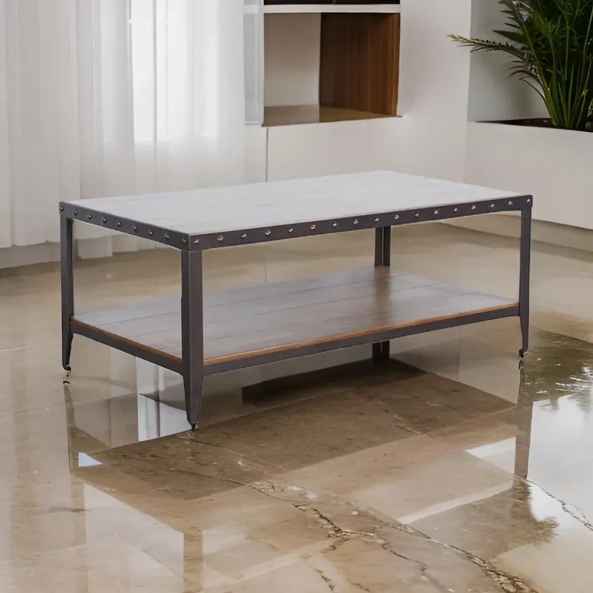 Ayka Coffee Table w Shelf, Nailhead Accent, 48 Inch Rectangular Brown - Benzara