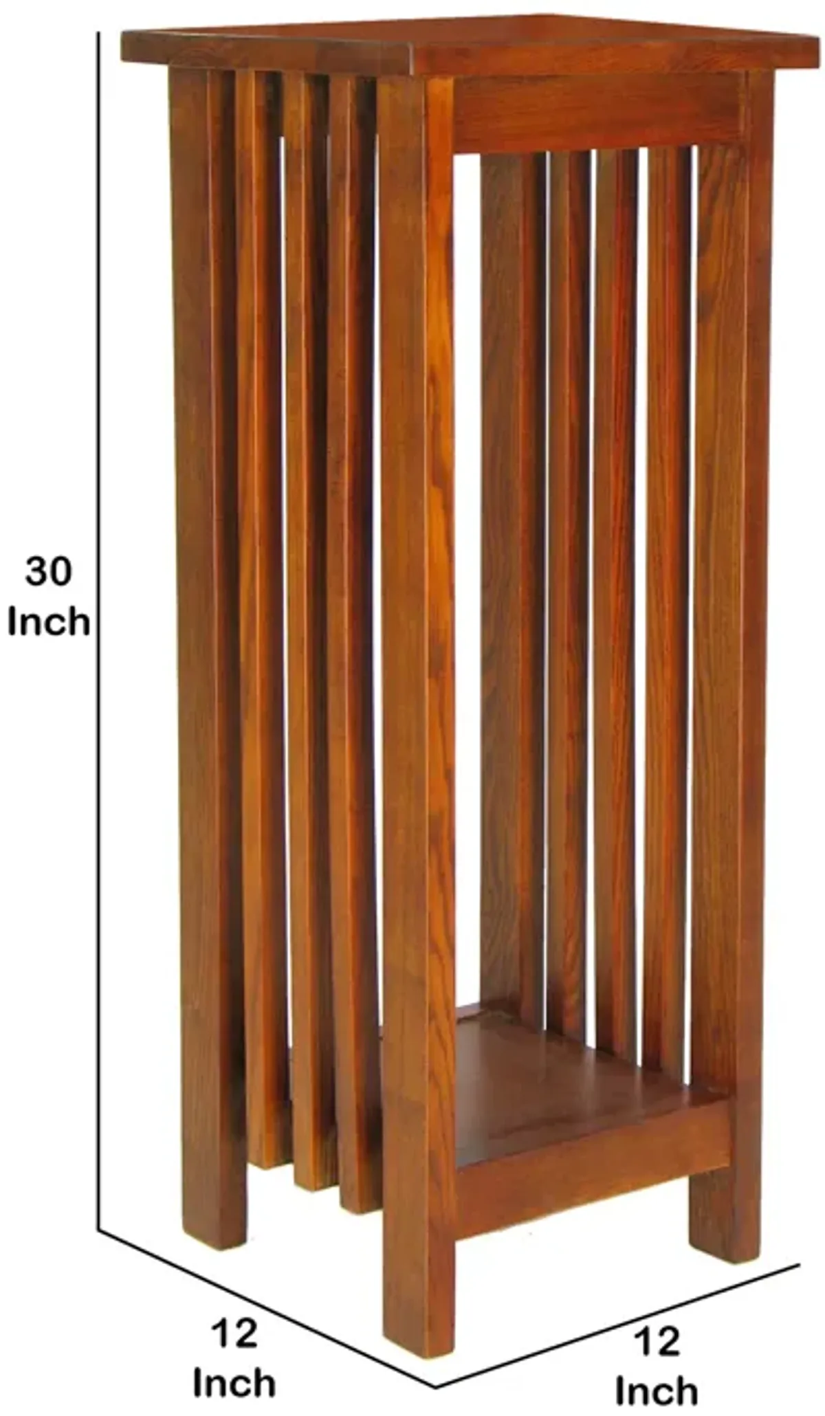 30 Inch Wooden Flower Stand with Bottom Shelf and Slatted Sides, Brown-Benzara