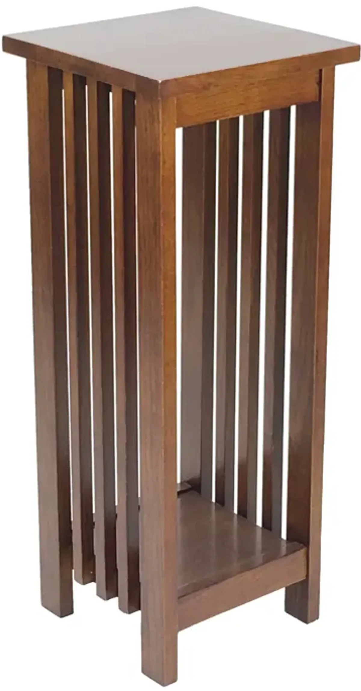 30 Inch Wooden Flower Stand with Bottom Shelf and Slatted Sides, Brown-Benzara