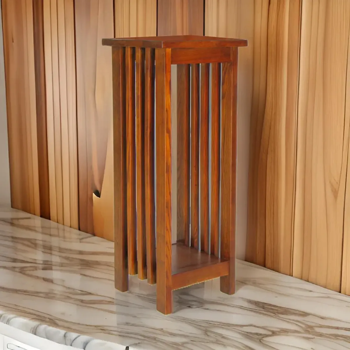 30 Inch Wooden Flower Stand with Bottom Shelf and Slatted Sides, Brown-Benzara