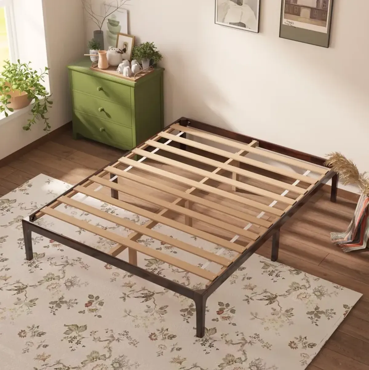 FUFU&GAGA Queen Size Platform Bed Frame with Solid Wood Slats, 800 LBS Capacity, (60.2" W x 80.1" L x 14" H),Walnut