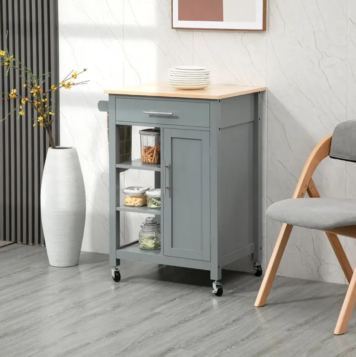 Gray Kitchen Island: Cart with Drawer, Cabinet & Wood Top