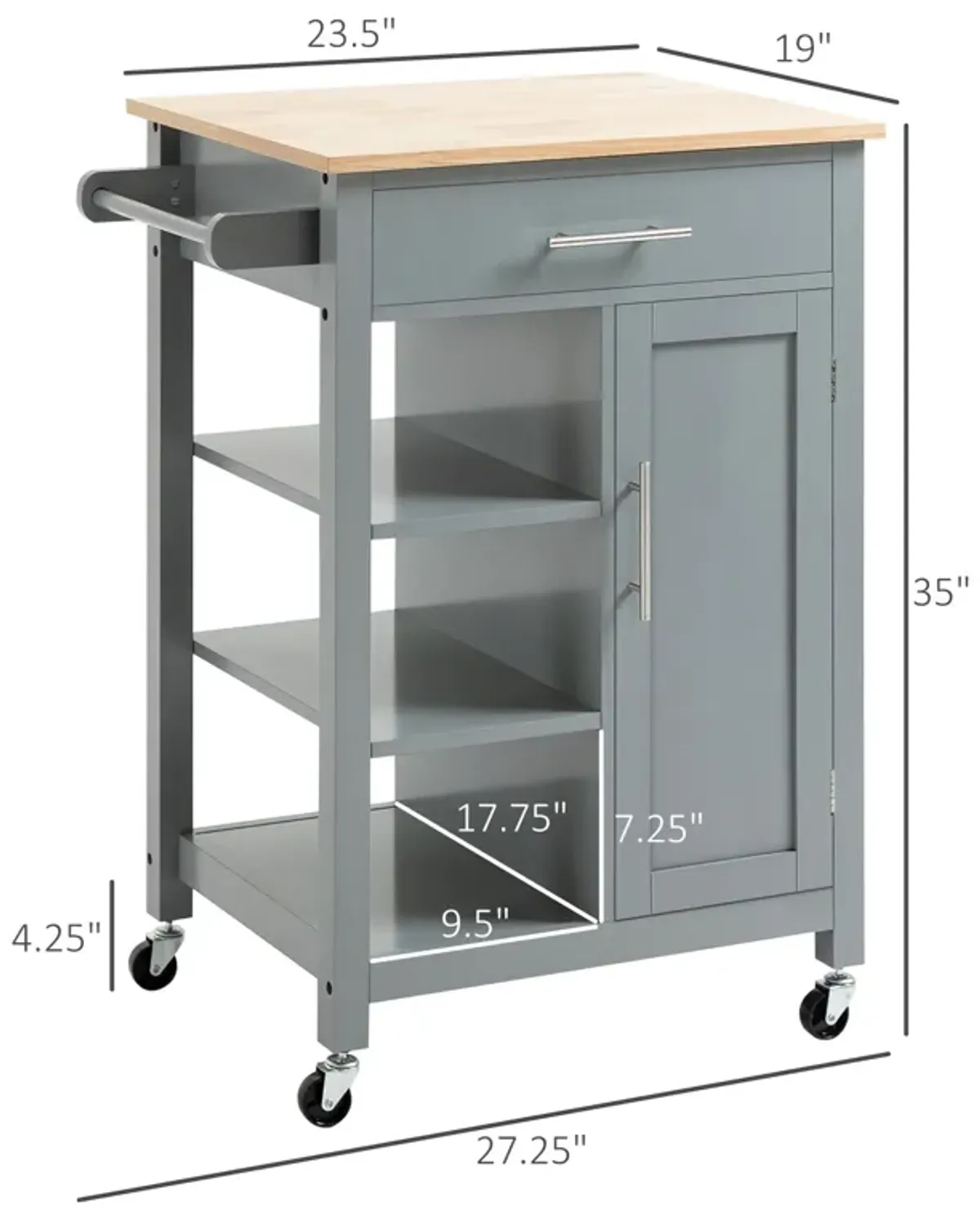 Gray Kitchen Island: Cart with Drawer, Cabinet & Wood Top