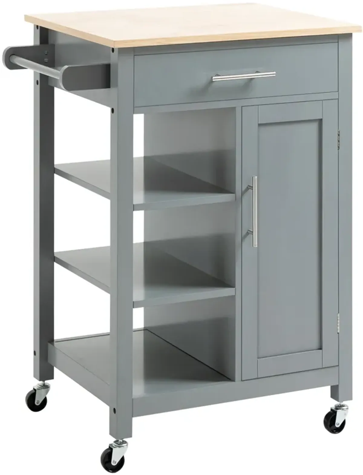 Gray Kitchen Island: Cart with Drawer, Cabinet & Wood Top