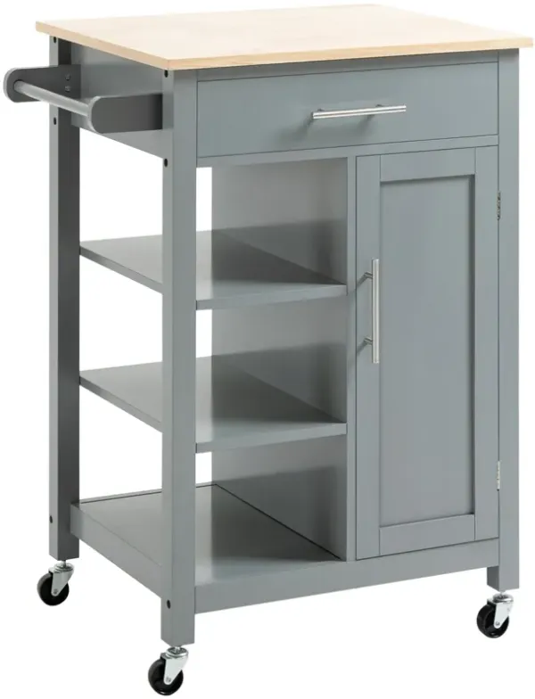 Gray Kitchen Island: Cart with Drawer, Cabinet & Wood Top