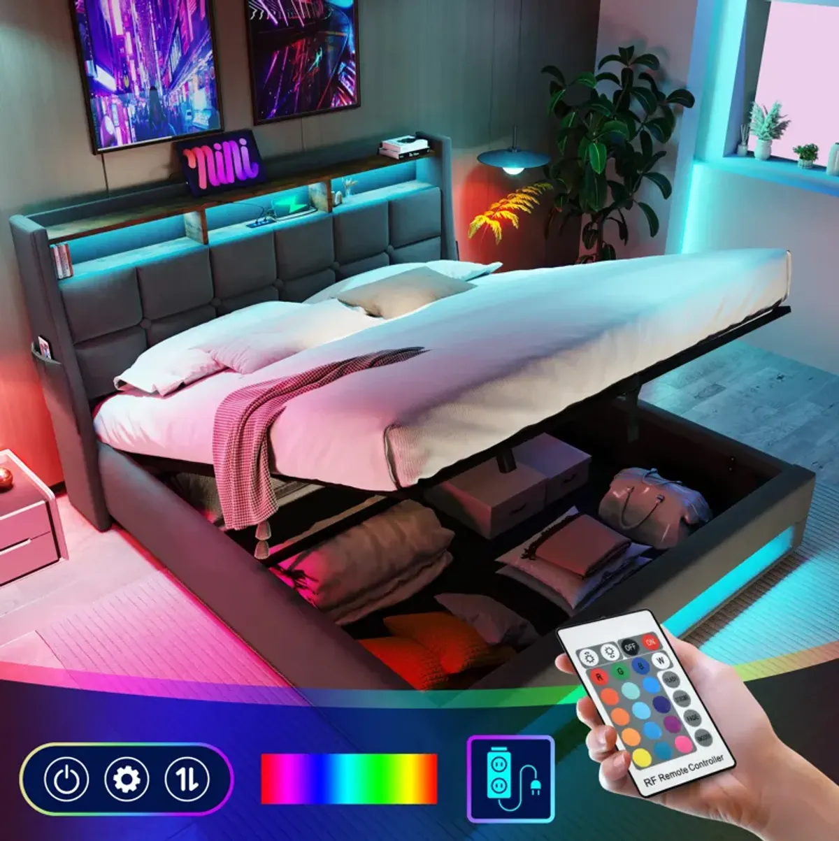 Merax Storage Platform Bed  with LED and USB Port