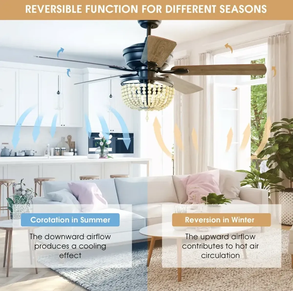 52 Inch Retro Ceiling Fan Light with Reversible Blades Remote Control