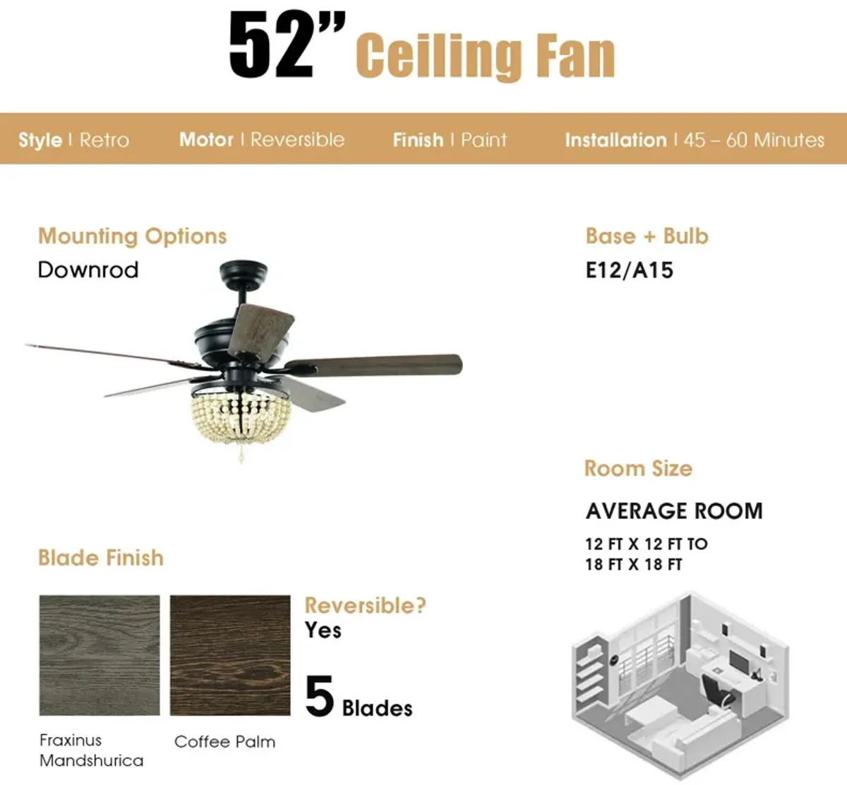 52 Inch Retro Ceiling Fan Light with Reversible Blades Remote Control