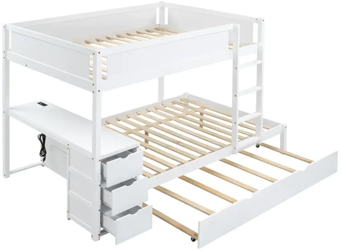 Full Over Full Bunk Bed With Twin Size Trundle, Storage And Desk, White