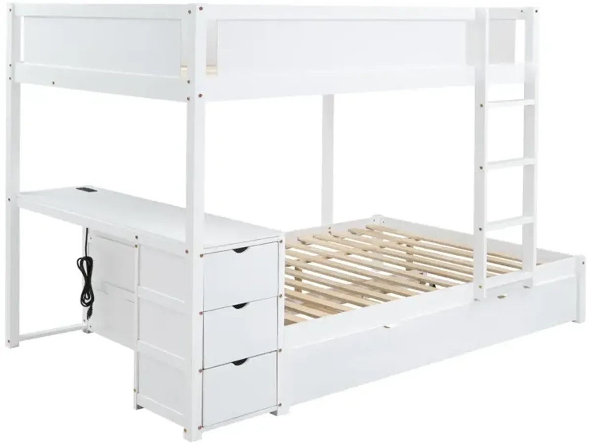 Full Over Full Bunk Bed With Twin Size Trundle, Storage And Desk, White