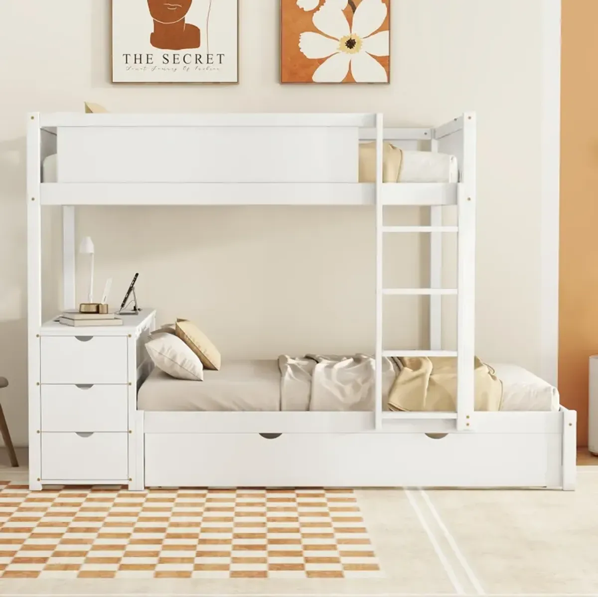 Full Over Full Bunk Bed With Twin Size Trundle, Storage And Desk, White