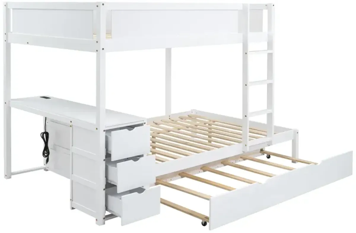 Full Over Full Bunk Bed With Twin Size Trundle, Storage And Desk, White