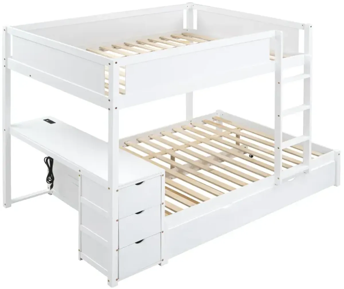 Full Over Full Bunk Bed With Twin Size Trundle, Storage And Desk, White