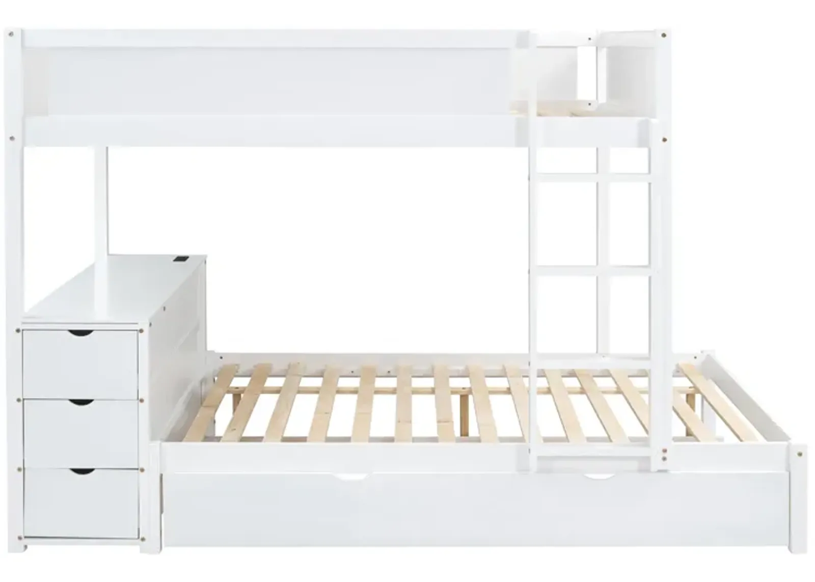 Full Over Full Bunk Bed With Twin Size Trundle, Storage And Desk, White