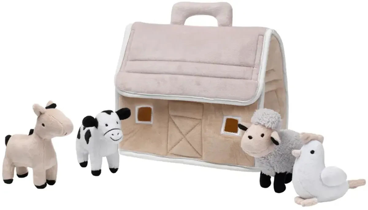 Lambs & Ivy Baby Farm Plush Barn with 4 Stuffed Animals Toy - Taupe/Gray/White