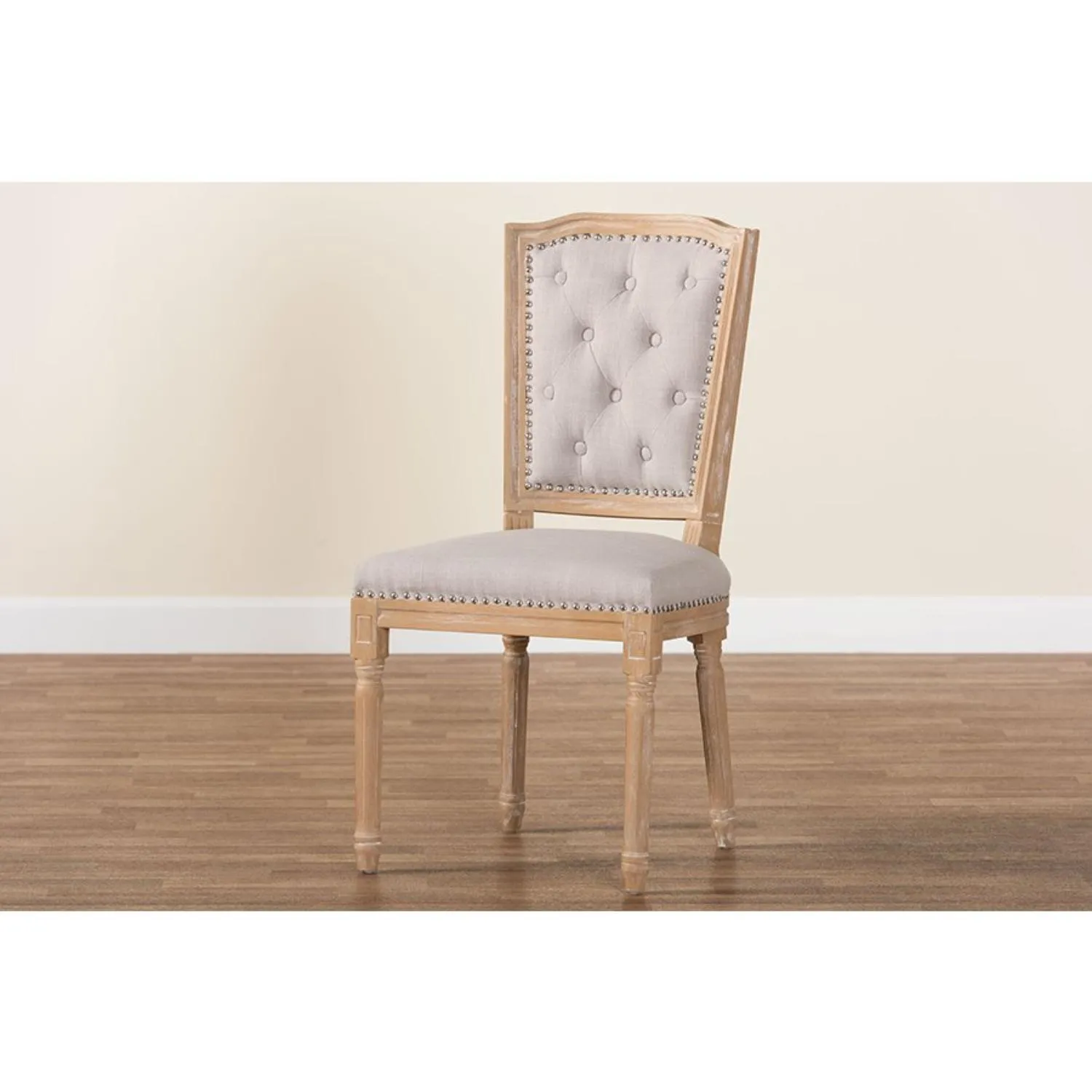 Cottage Weathered Oak Beige Fabric Button-tufted Upholstered Dining Chair