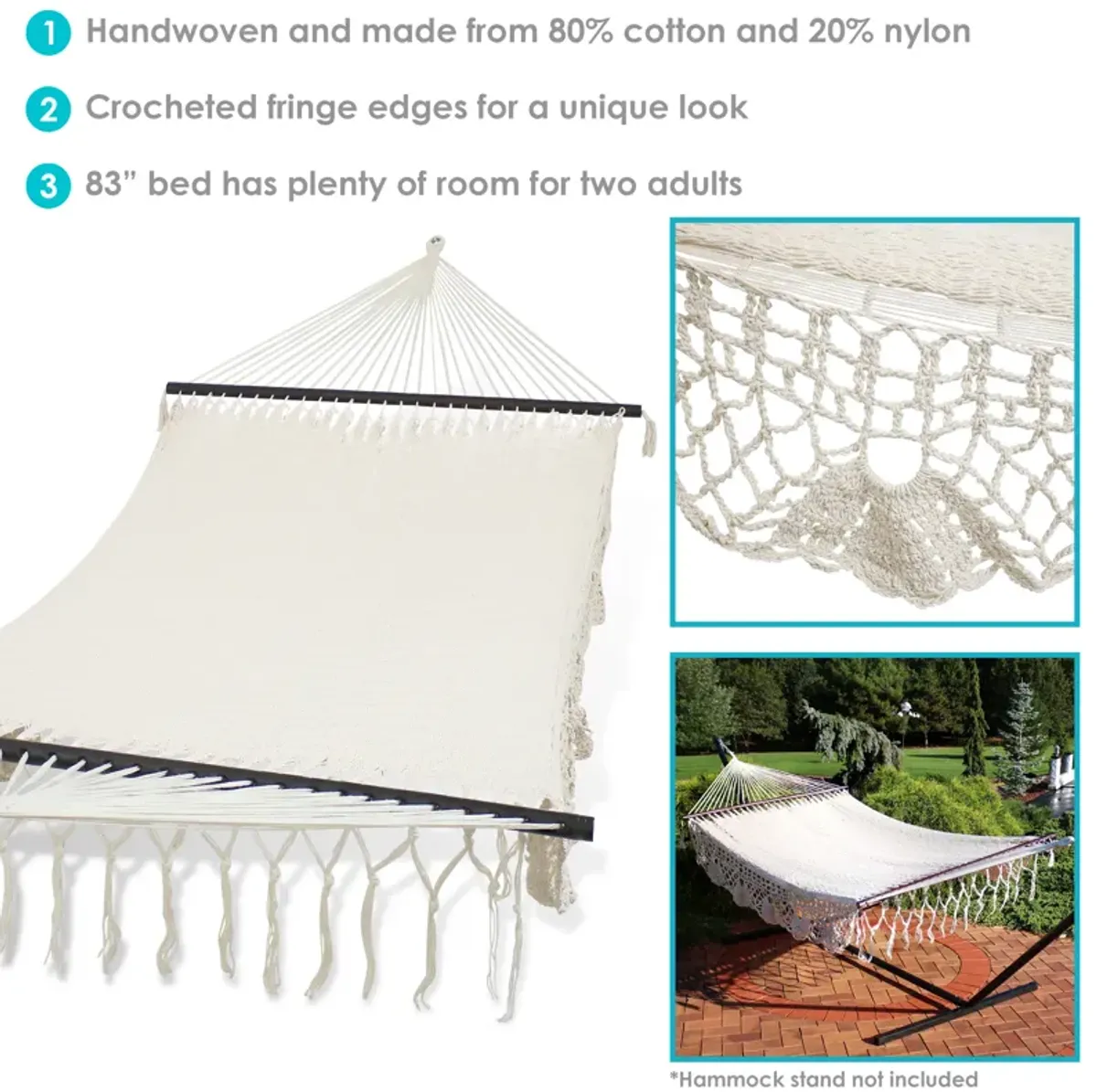 Sunnydaze 2-Person Woven Rope Hammock with Spreader Bars and Fringe