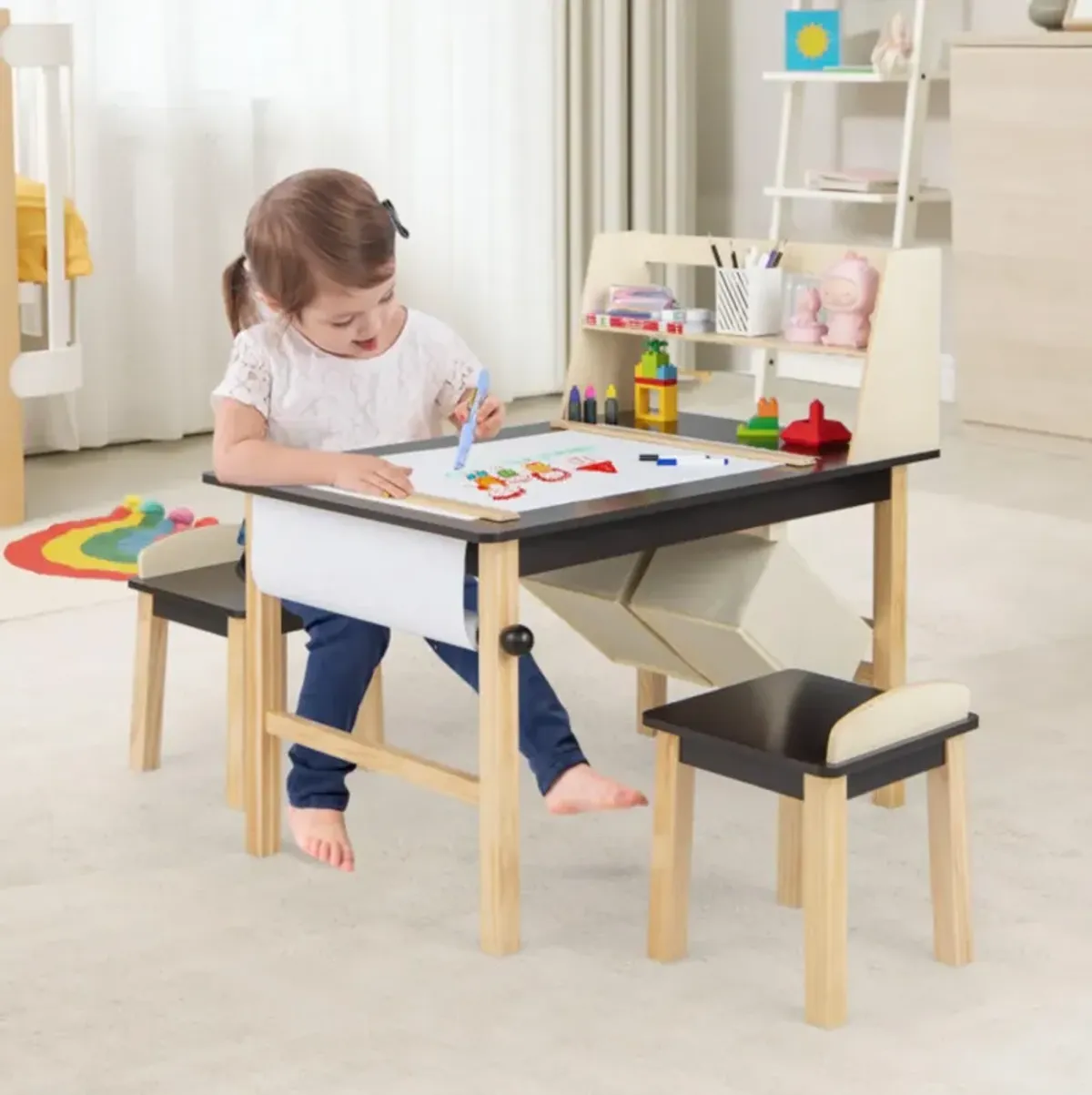 Hivvago Kids Art Table and Chairs Set with Paper Roll and Storage Bins-Coffee