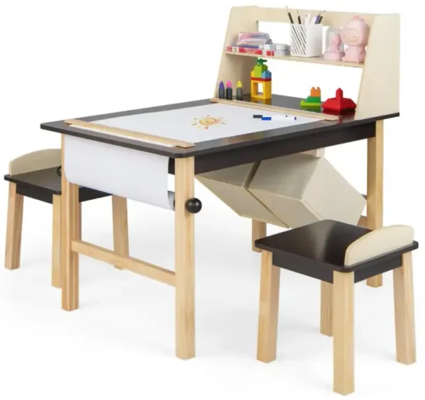 Hivvago Kids Art Table and Chairs Set with Paper Roll and Storage Bins