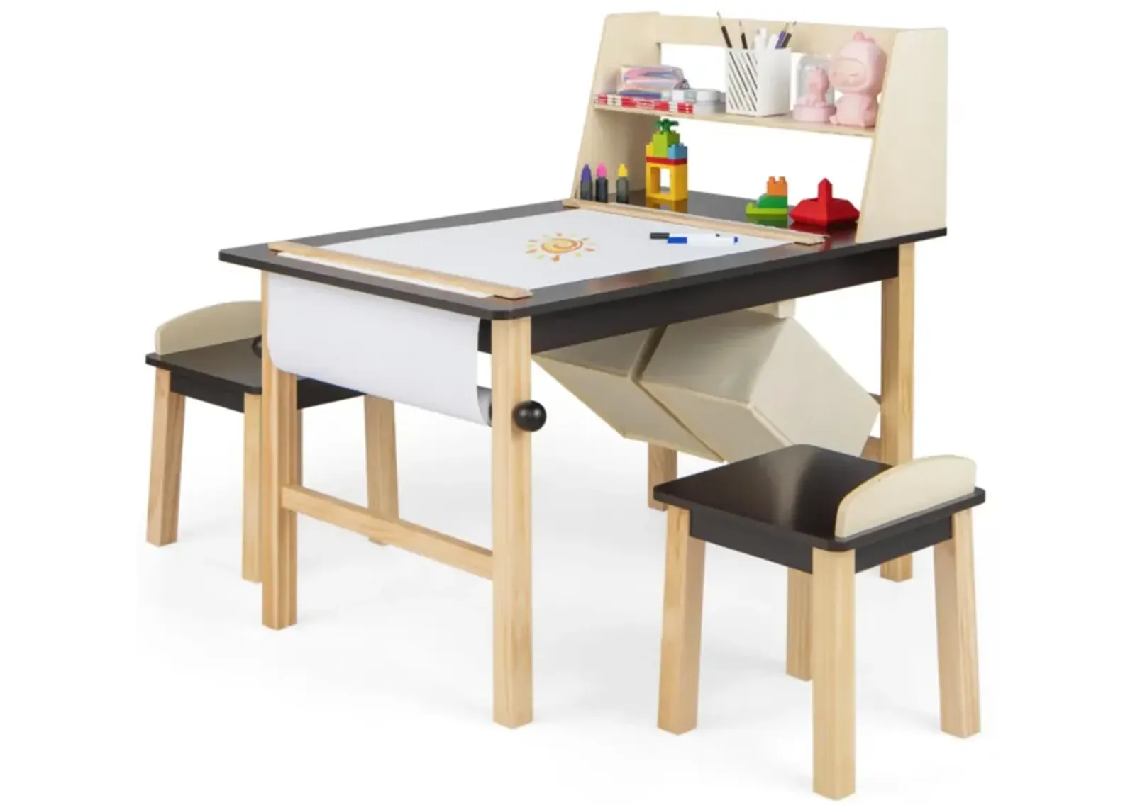 Hivvago Kids Art Table and Chairs Set with Paper Roll and Storage Bins-Coffee