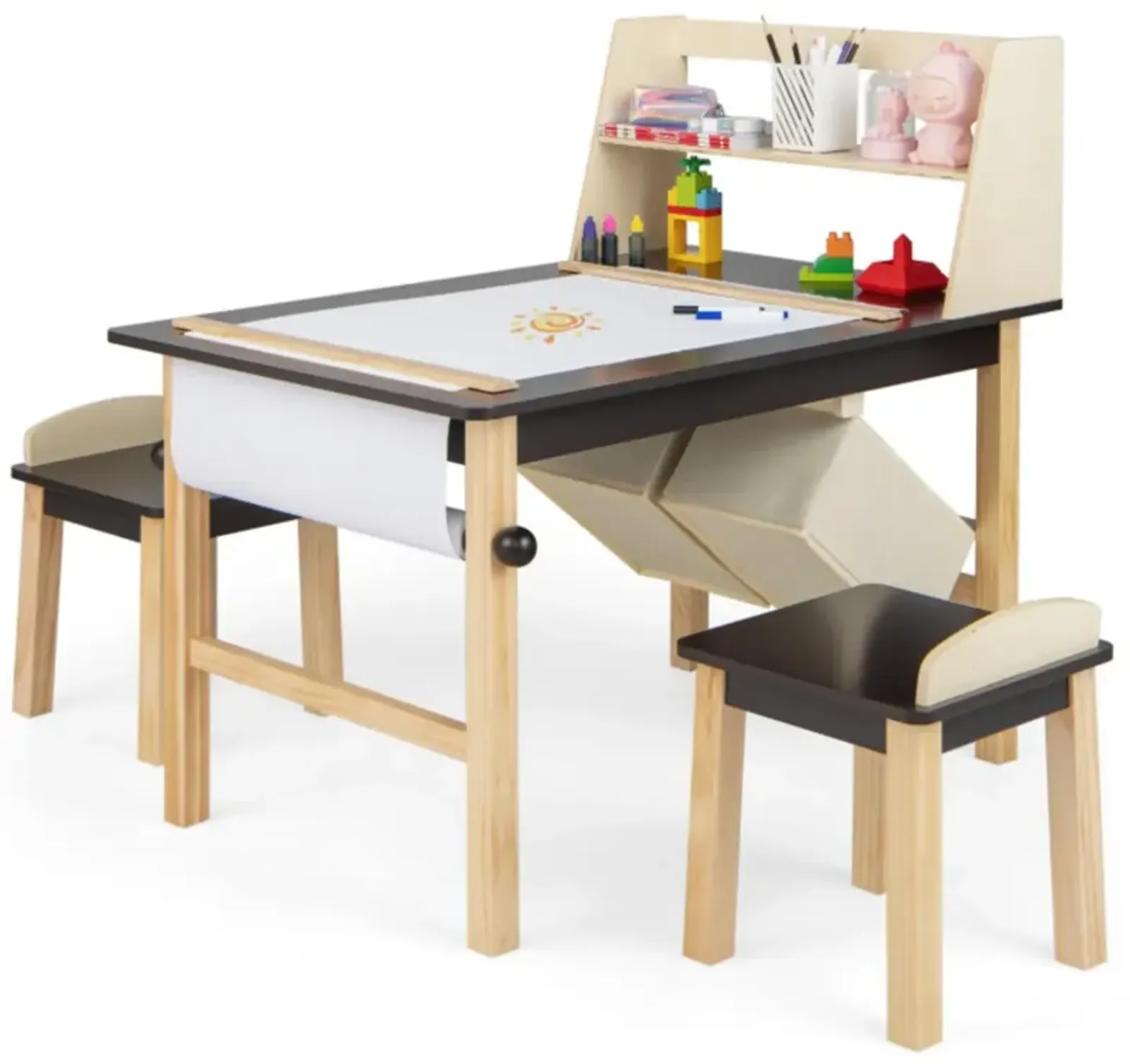 Hivvago Kids Art Table and Chairs Set with Paper Roll and Storage Bins-Coffee