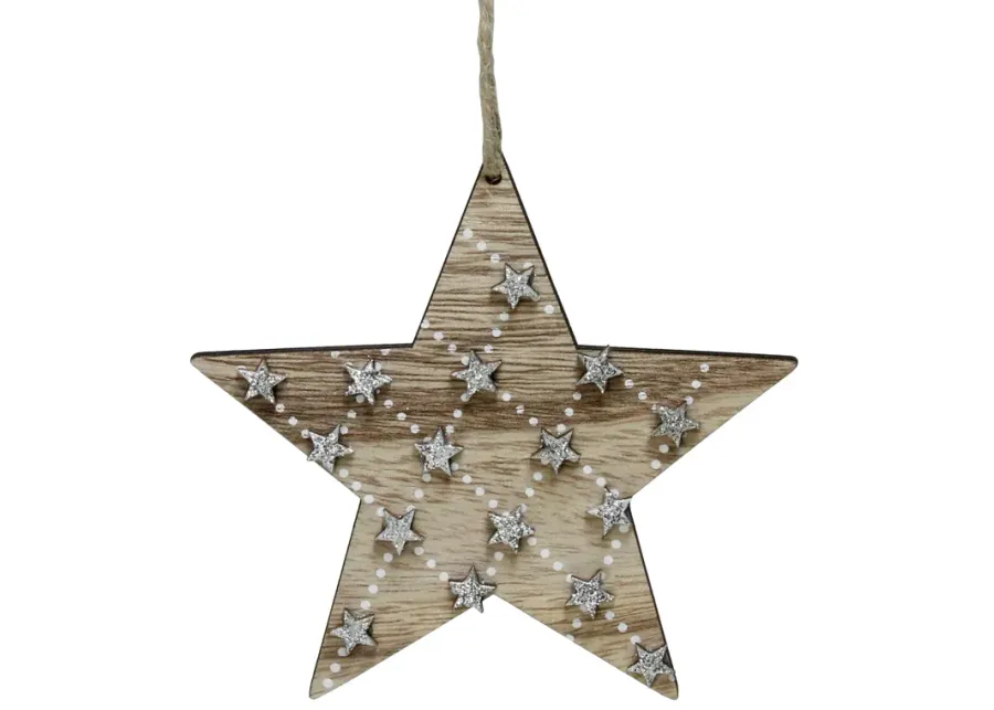 4.5" Brown and Silver Wooden Star Hanging Christmas Ornament