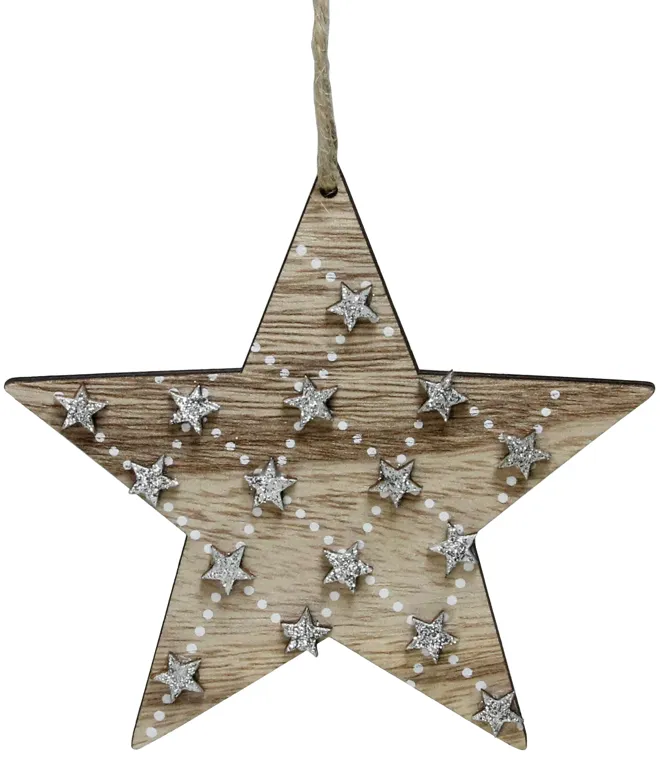 4.5" Brown and Silver Wooden Star Hanging Christmas Ornament