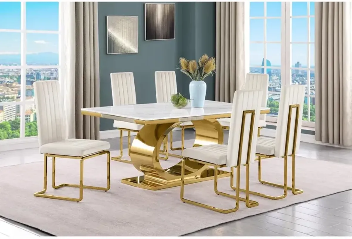 Best Quality Furniture 7pc Small(68) marble top dining set with gold base and 6 Cream side chairs