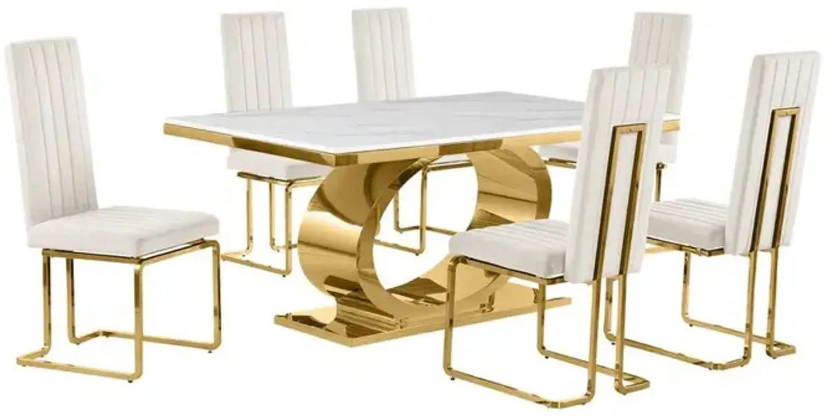Best Quality Furniture 7pc Small(68) marble top dining set with gold base and 6 Cream side chairs