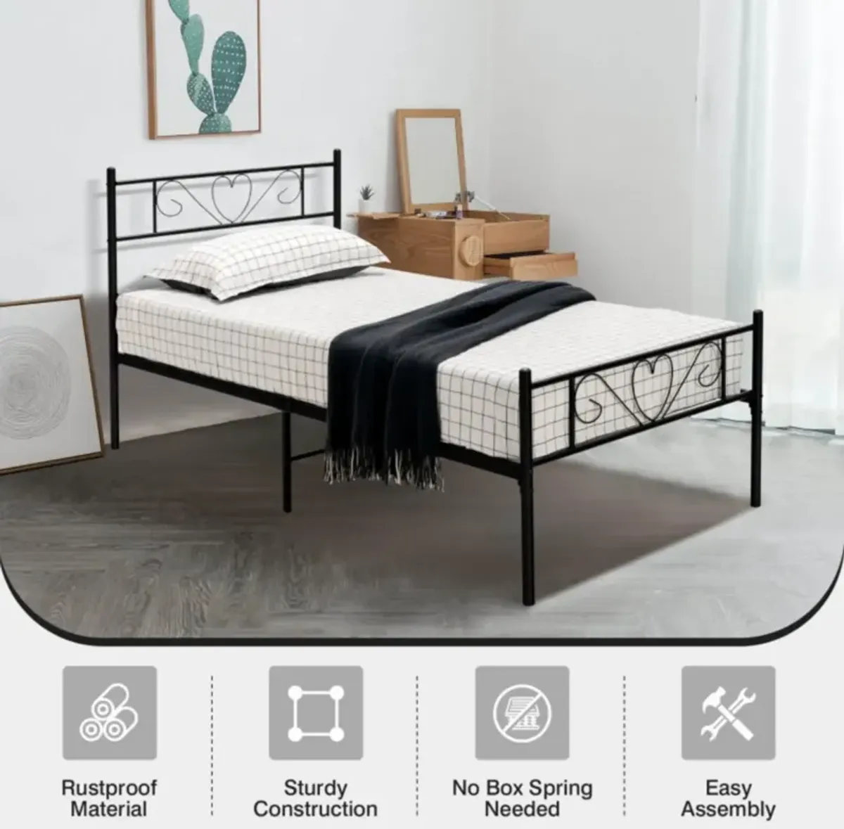 Hivvago Twin XL Metal Bed Frame with Heart-shaped Headboard