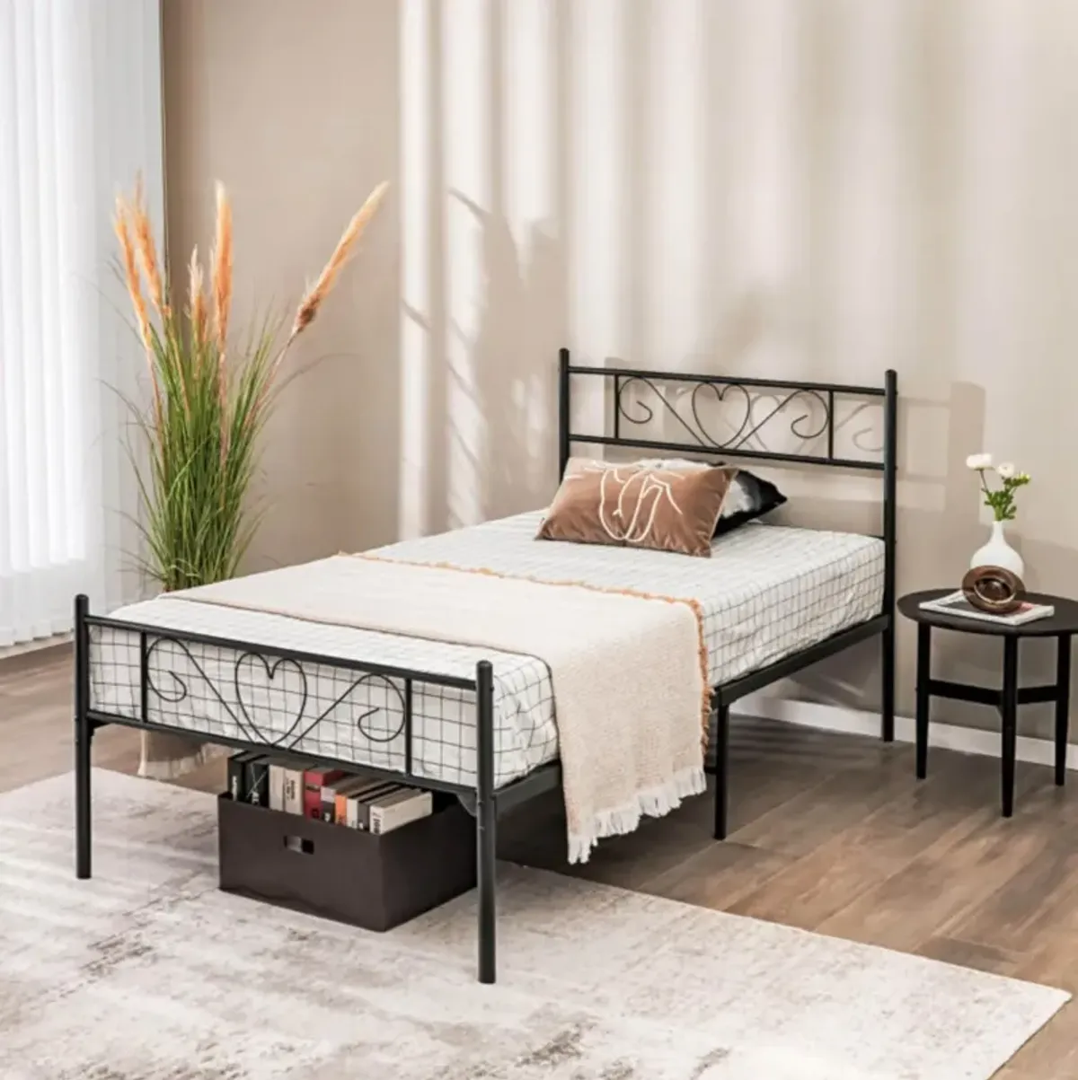 Hivvago Twin XL Metal Bed Frame with Heart-shaped Headboard