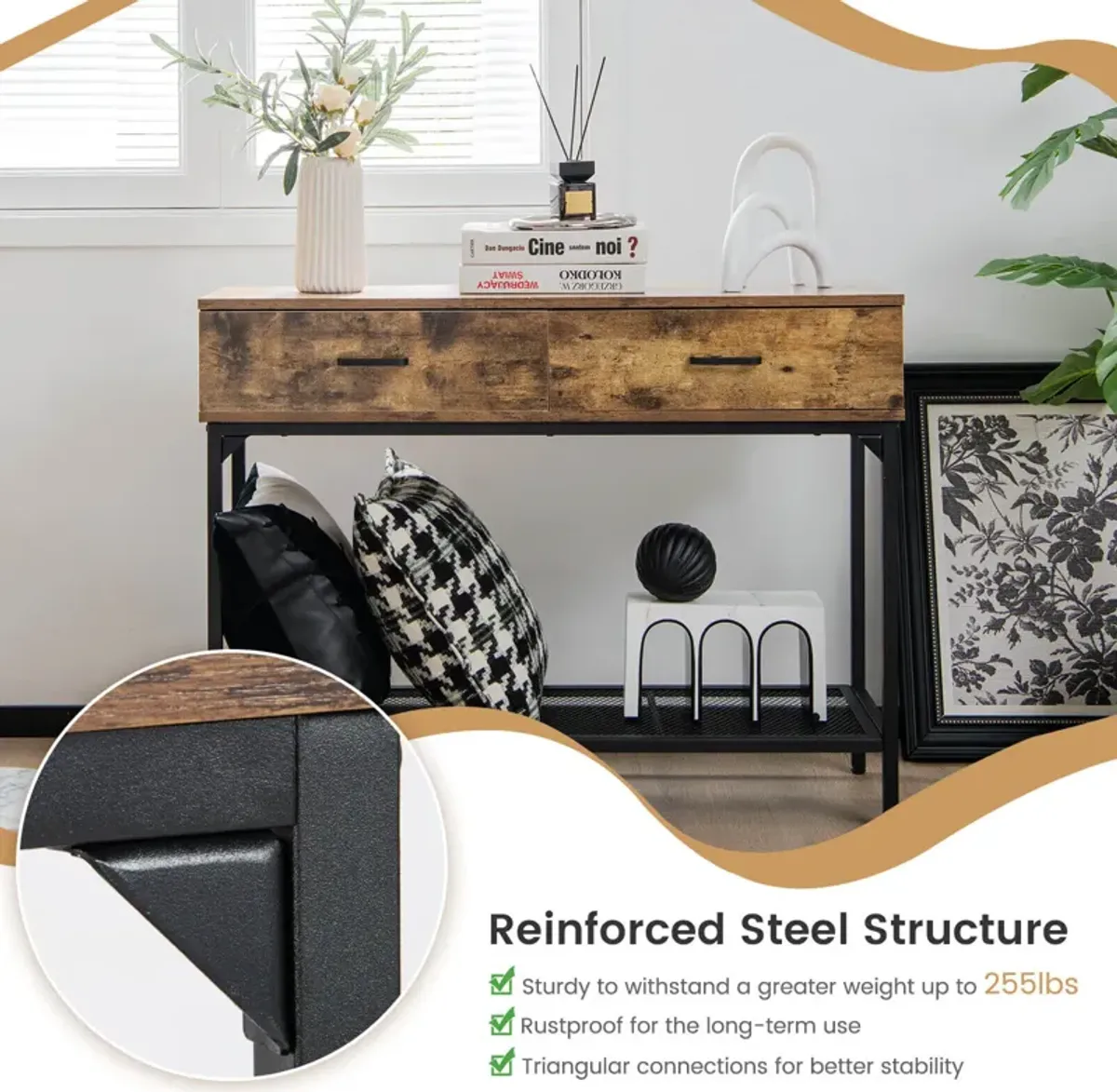 2 Drawers Industrial Console Table with Steel Frame for Small Space-Rustic Brown