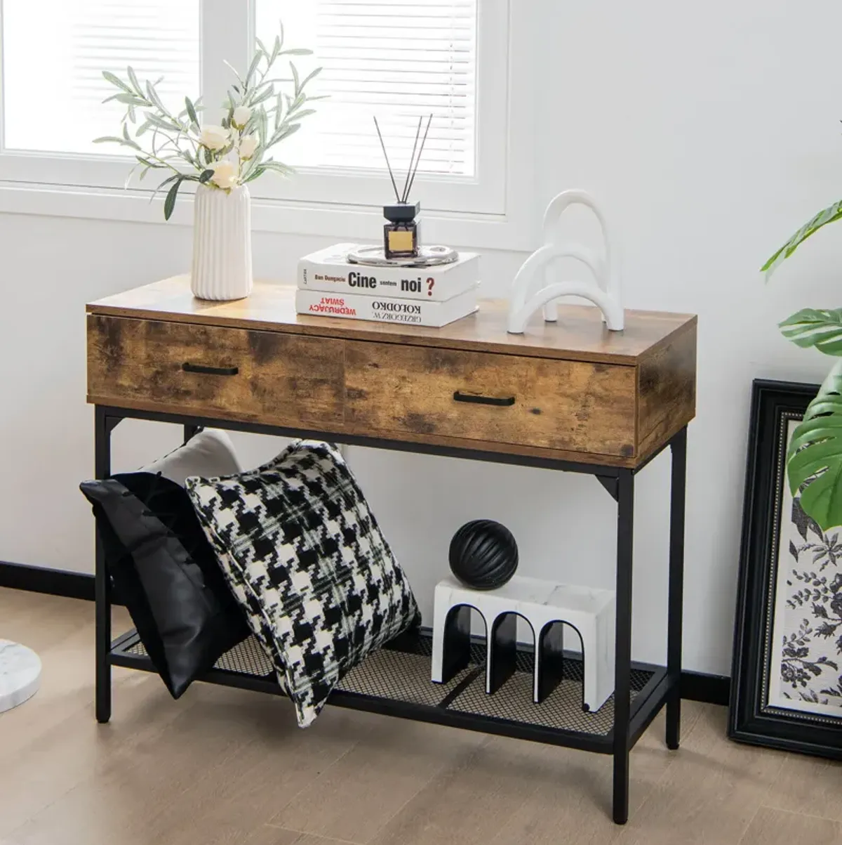 2 Drawers Industrial Console Table with Steel Frame for Small Space-Rustic Brown