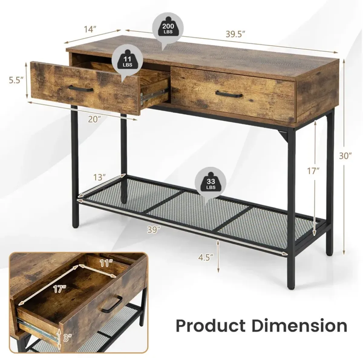 2 Drawers Industrial Console Table with Steel Frame for Small Space-Rustic Brown