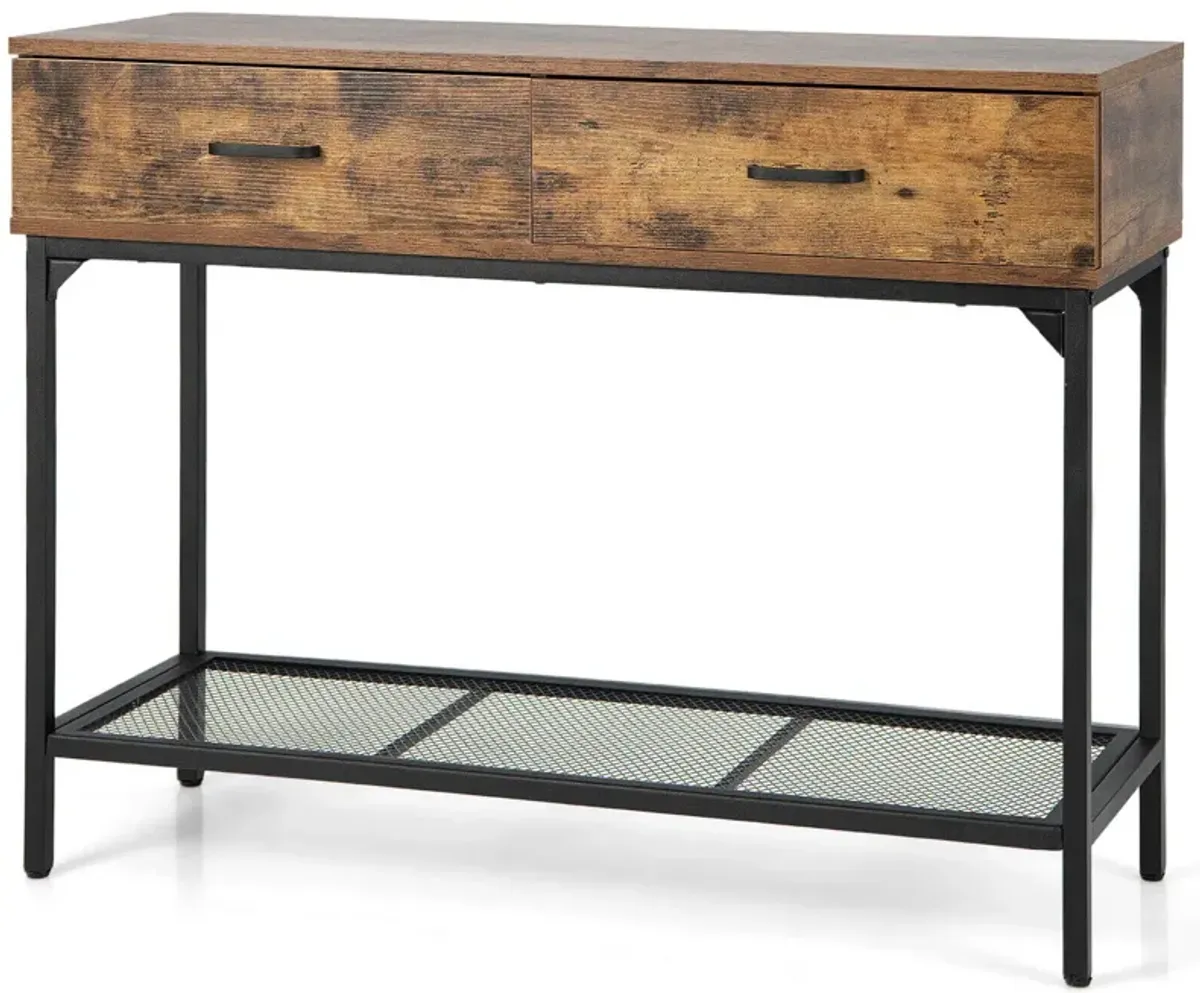 2 Drawers Industrial Console Table with Steel Frame for Small Space-Rustic Brown