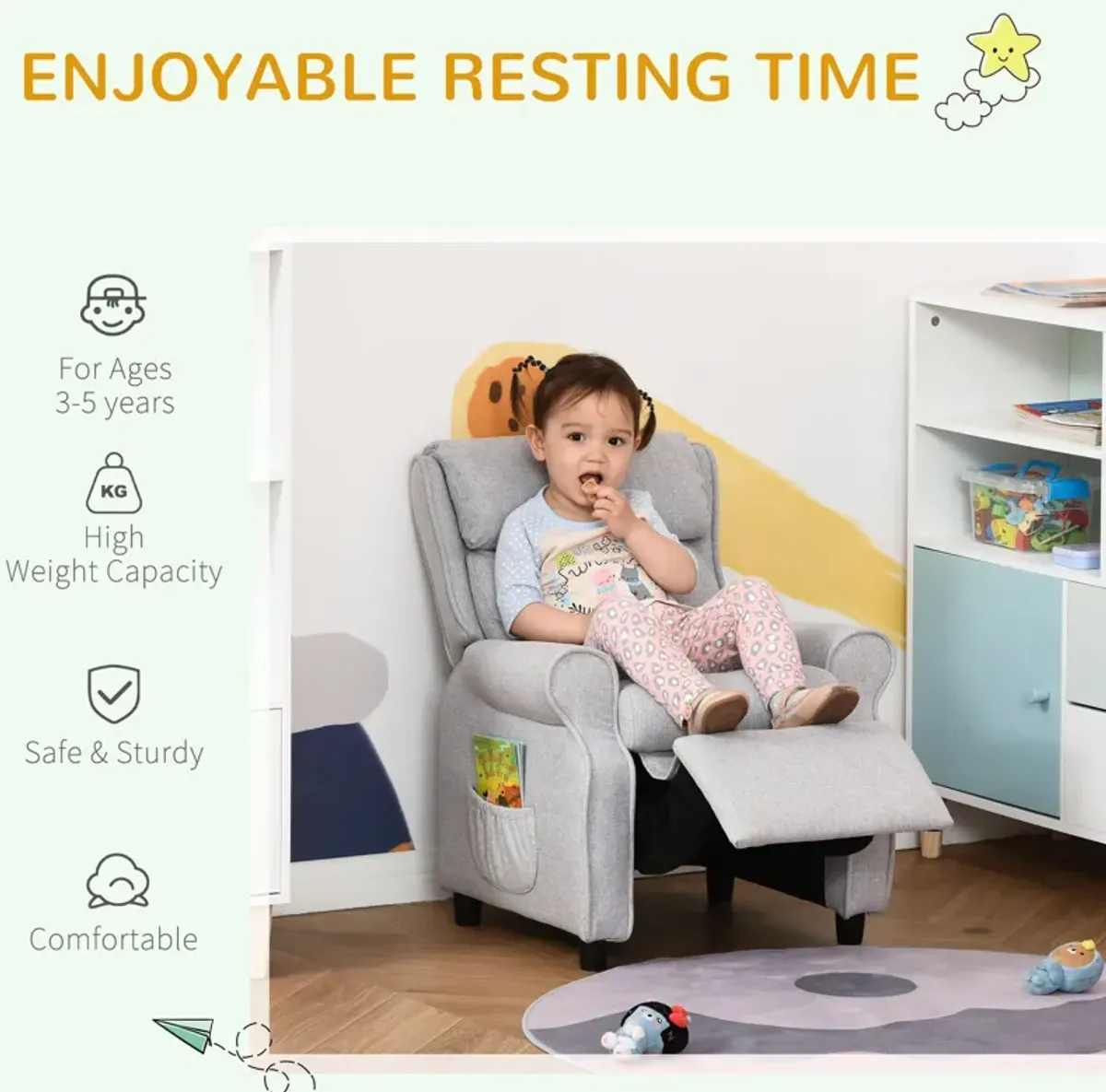 Light Grey Kids' Lounger: Adjustable Recliner with Footrest for Ages 3-5