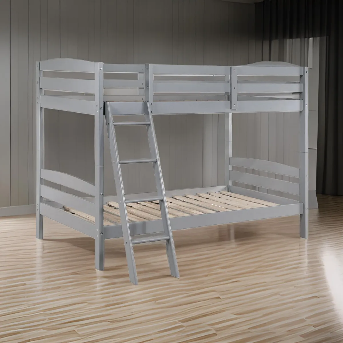 Hina Twin Bunk Bed, Angled Ladder, Sturdy Slat Design, Gray Solid Wood