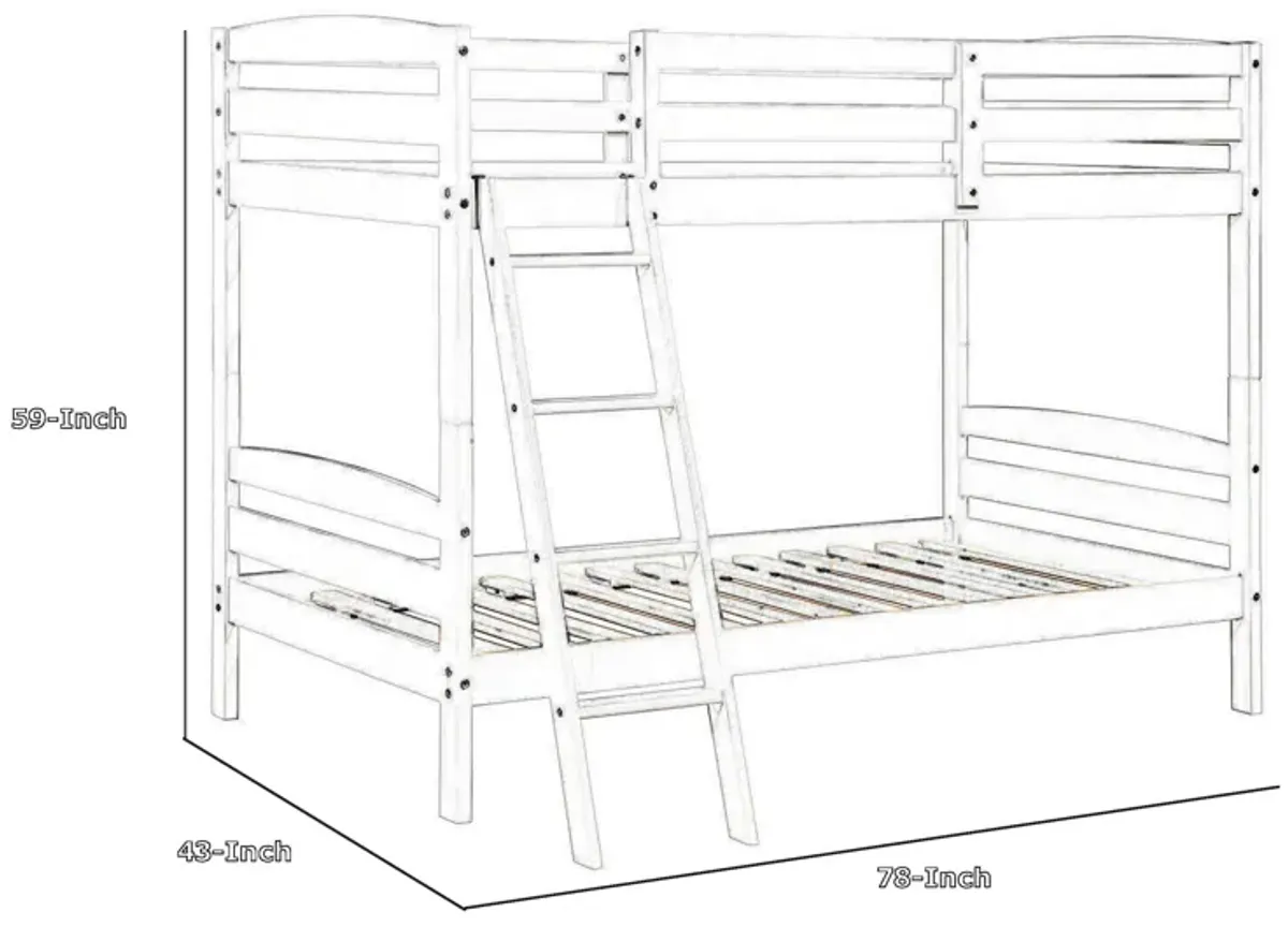 Hina Twin Bunk Bed, Angled Ladder, Sturdy Slat Design, Gray Solid Wood