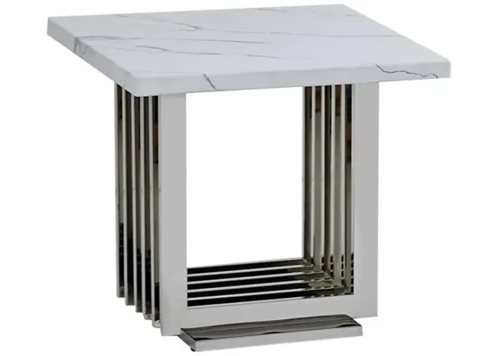 White marble top end table with a silver color stainless steel base