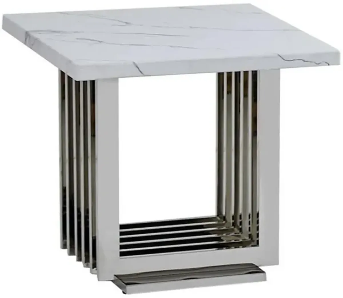 White marble top end table with a silver color stainless steel base