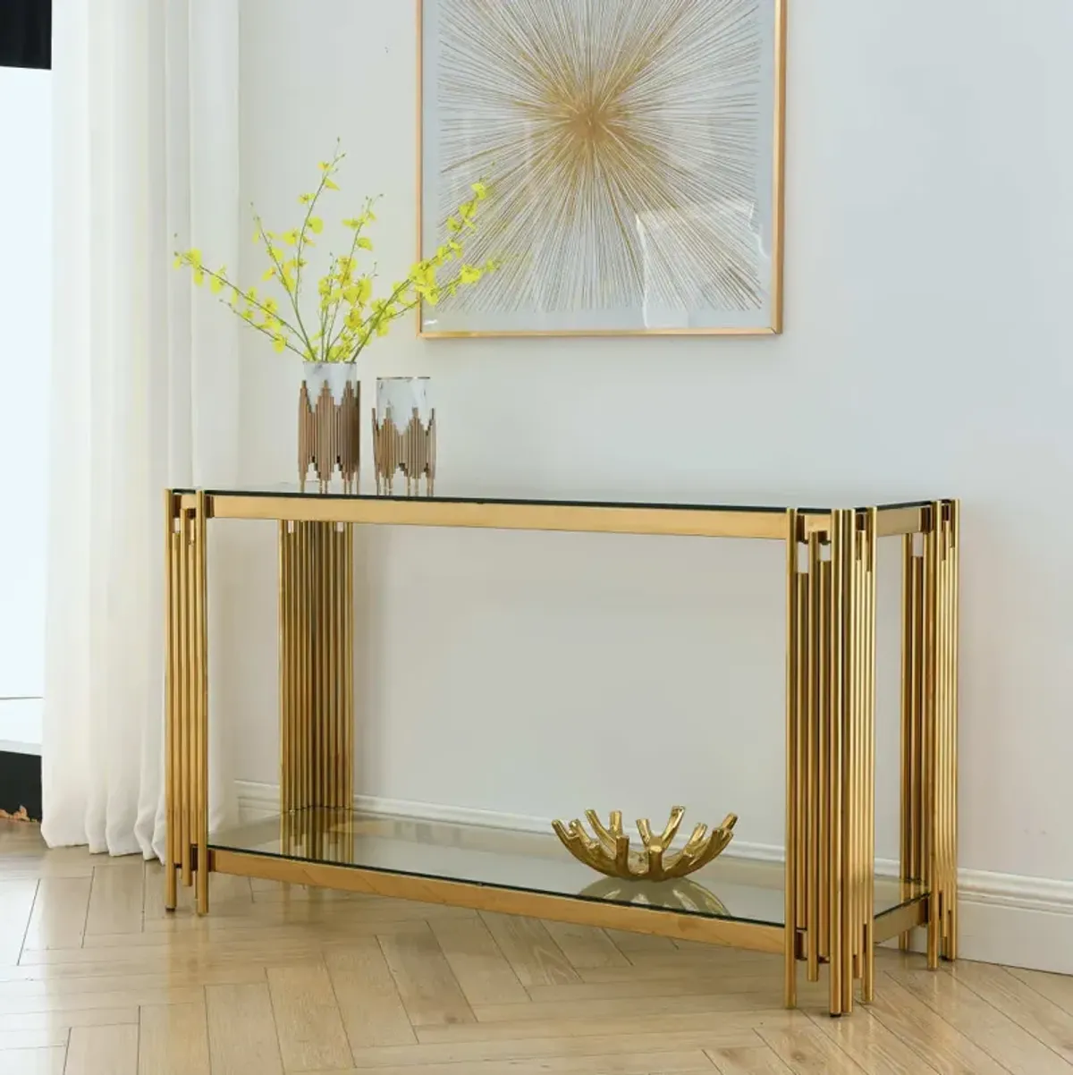 Gold Glass Console Table, 55" with Sturdy Metal Base