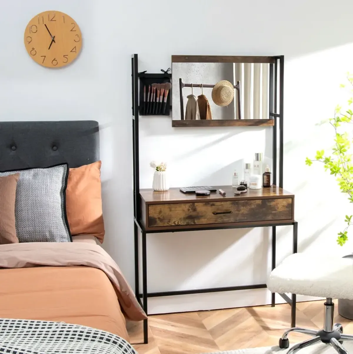 Industrial Vanity Table with 3-Position Adjustable Mirror