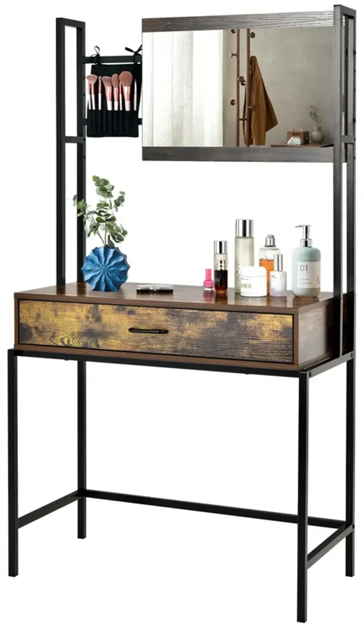 Industrial Vanity Table with 3-Position Adjustable Mirror