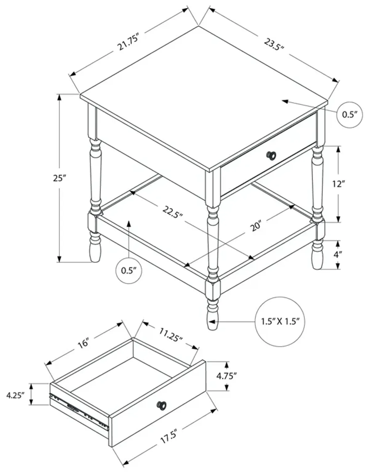 Monarch Specialties I 3976 - Accent Table, 2 Tier, End, Side Table, Square, Nightstand, Bedroom, Lamp, Brown Veneer, Traditional