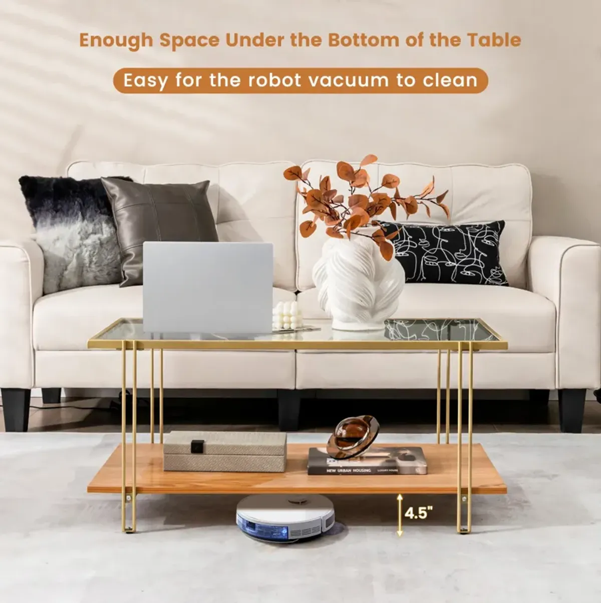 2 Tiers Rectangle Glass Coffee Table with White and Gold Steel Frame-Golden