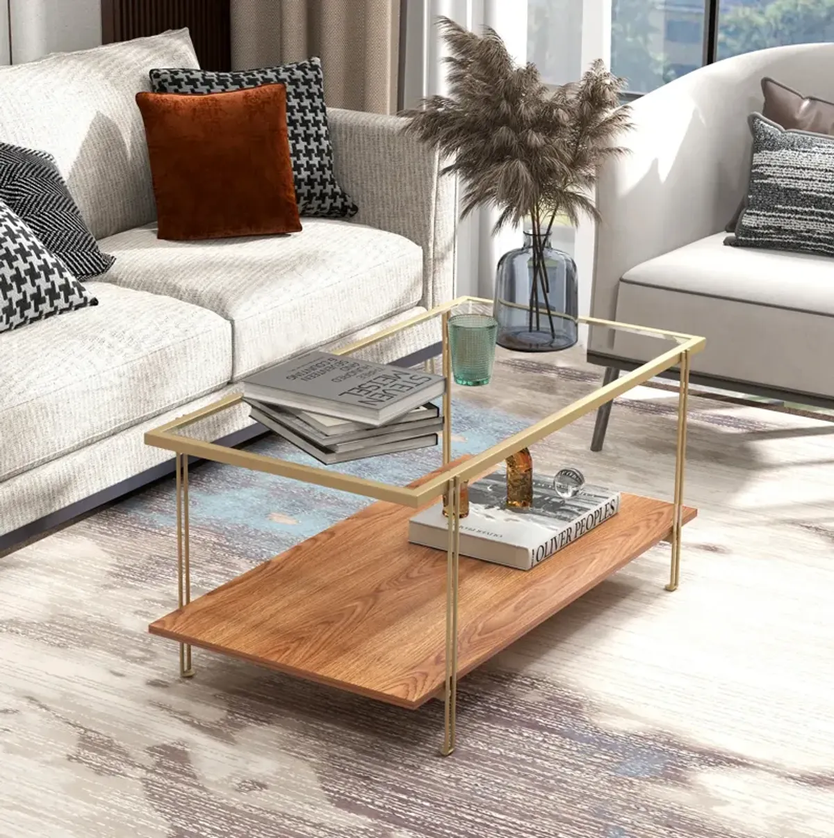 2 Tiers Rectangle Glass Coffee Table with White and Gold Steel Frame-Golden