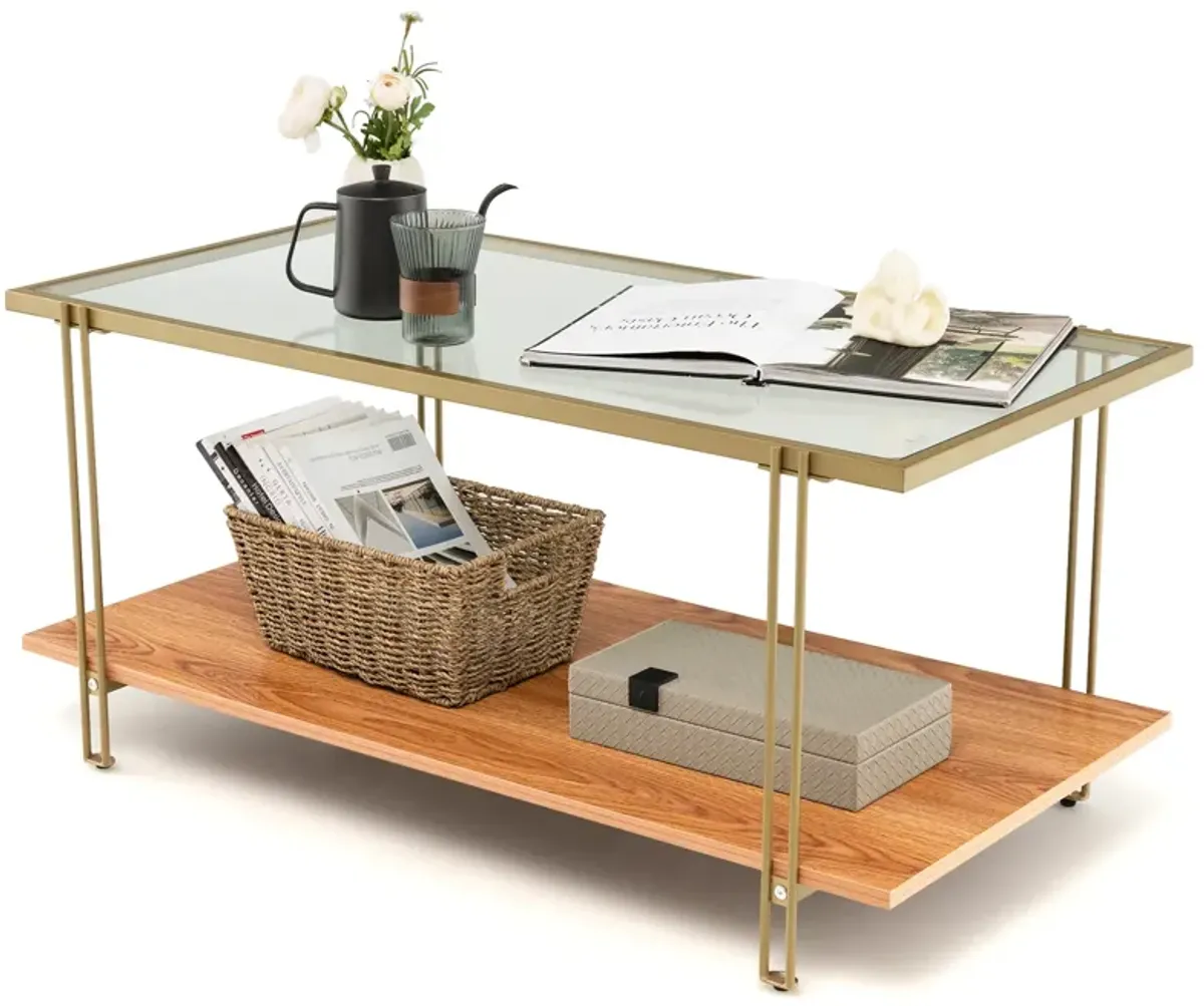 2 Tiers Rectangle Glass Coffee Table with White and Gold Steel Frame-Golden